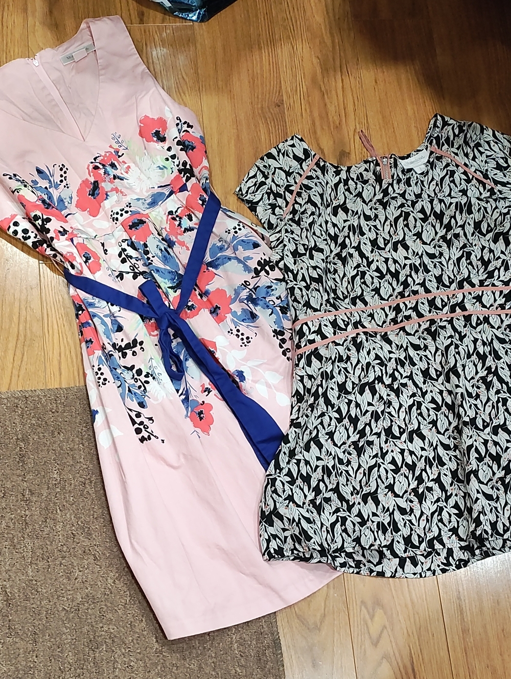 Motherhood Maternity Pink Floral Top with Blue Tie Belt and Black and White Top